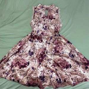 Velvet Floral Champagne Dress with Key Hole and Lace Detailing